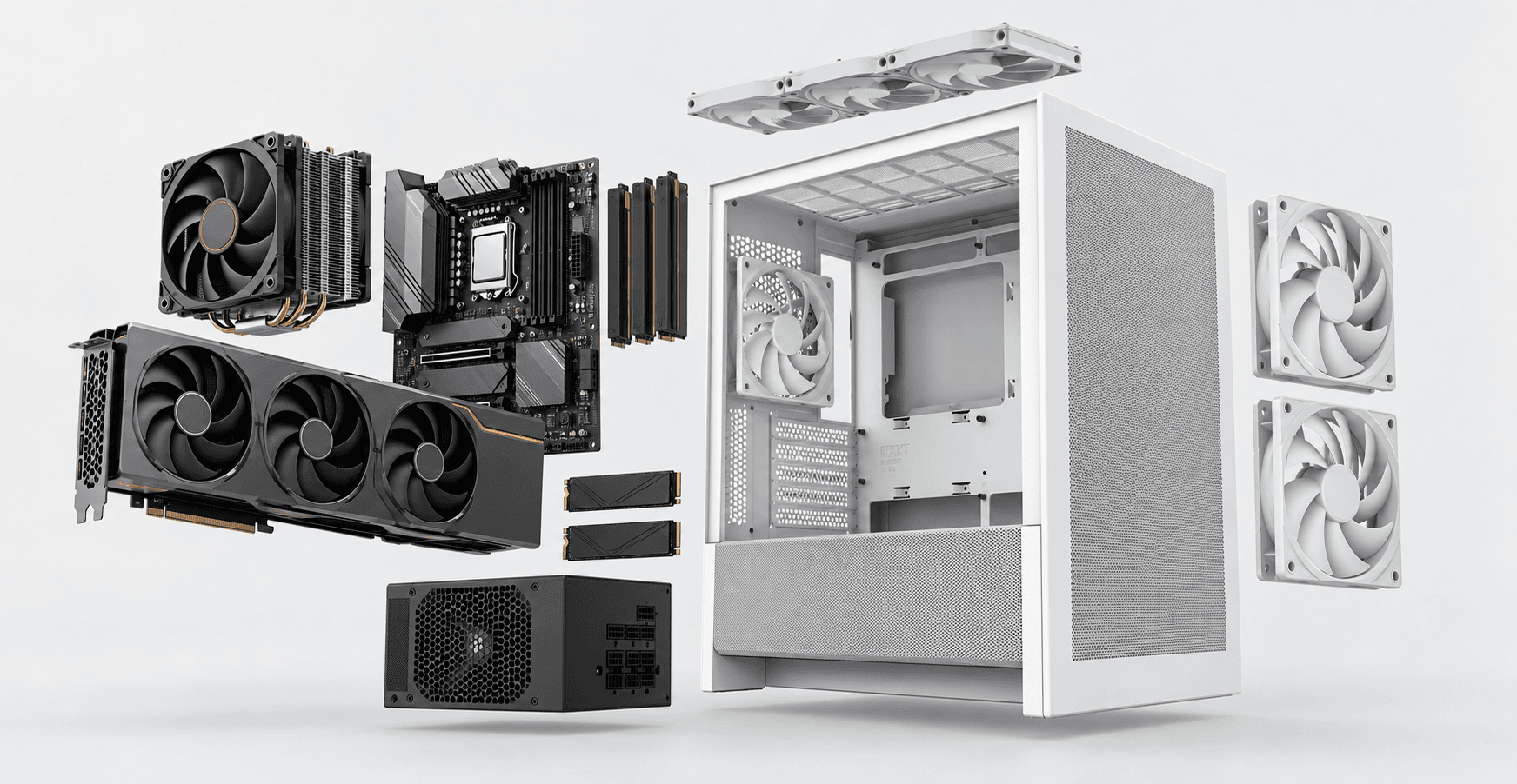 Exploded view of LionBox with its GPU, motherboard, memory, storage, power supply and cooling components